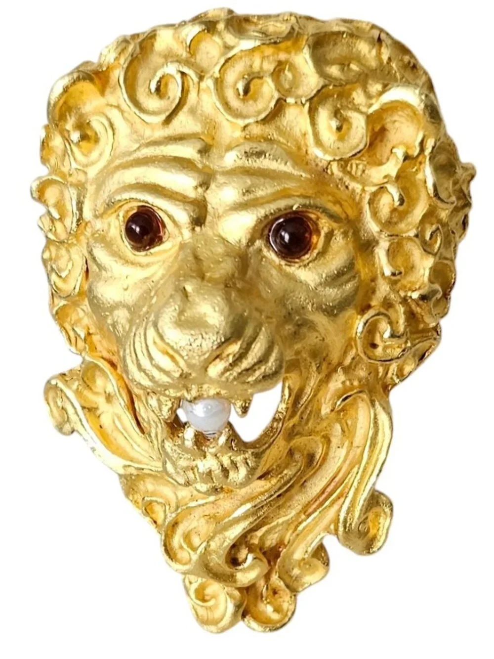 Lion Brooch Gold Tone, Red Glass Eyes, Faux Pearl, Pendant Pin L467